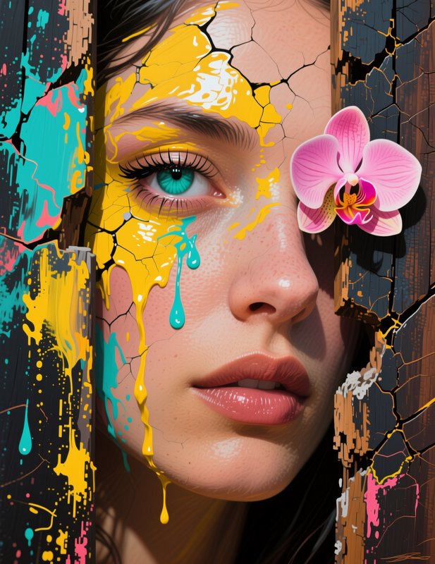 Close up surreal portrait of a woman with dripping yellow paint, bright turquoise eye, and pink orchid resting beside her
