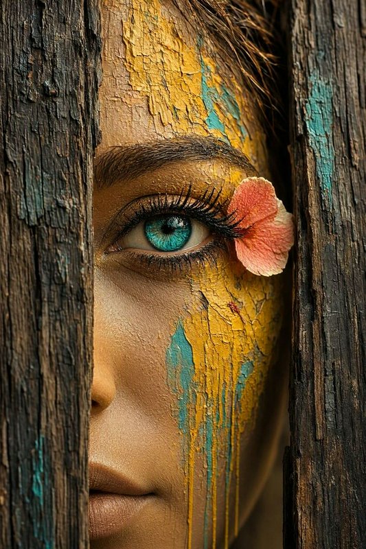 Close-up of a woman's vivid turquoise eye framed by weathered wood, with cracked face paint and a small pink flower at her