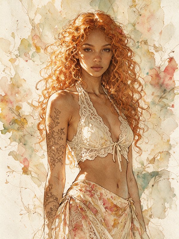 Young woman with curly copper hair and botanical arm tattoo posed against a soft watercolor floral backdrop