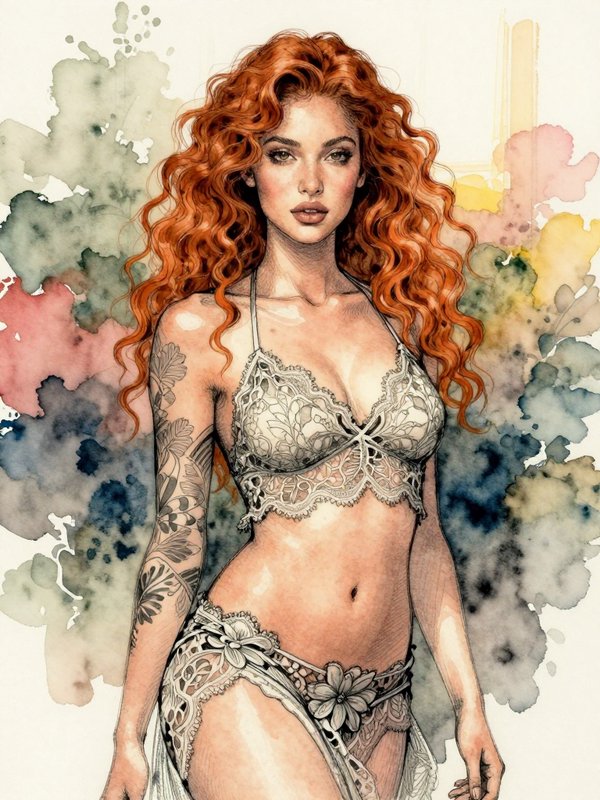 Hand-drawn portrait of a tattooed woman with curly red hair wearing delicate lace lingerie against watercolor splatters