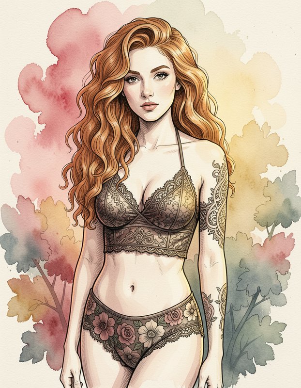 Tattooed woman with long wavy red hair wearing lace lingerie against soft watercolor foliage backdrop