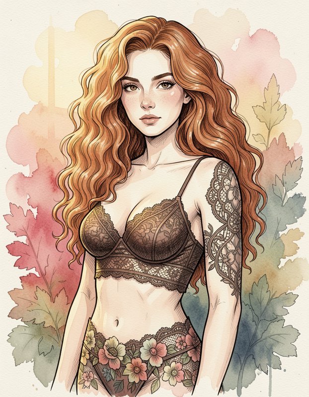 Woman with long wavy ginger hair, lace lingerie, and detailed arm tattoo against soft watercolor foliage background
