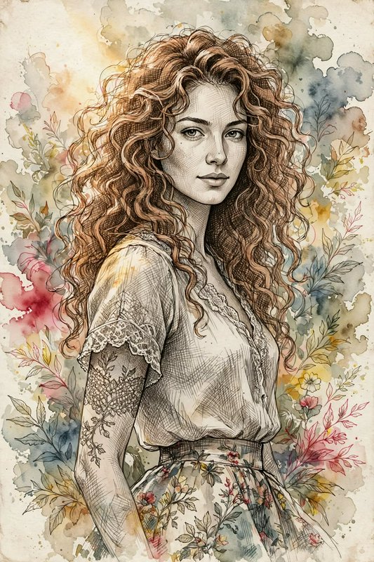 Portrait of a woman with long curly auburn hair against a soft watercolor floral background
