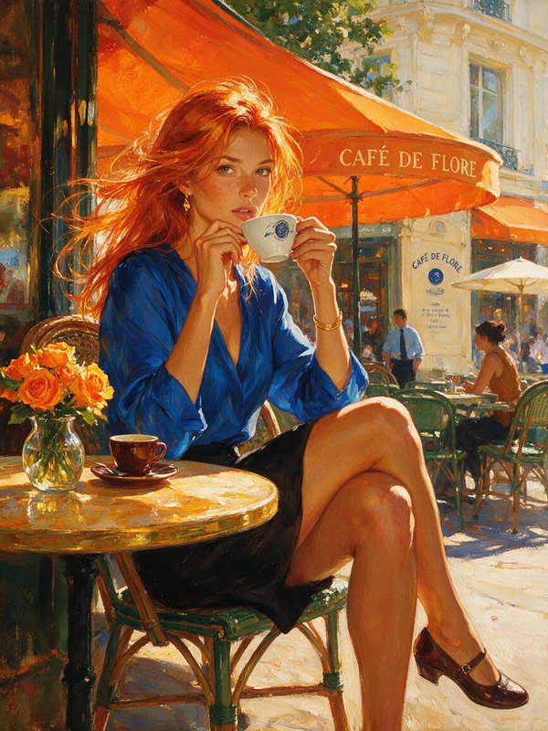 Red haired woman sips coffee at the sunlit outdoor patio of Paris's Cafe de Flore