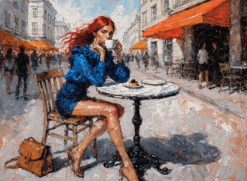 Red haired woman in a ruffled blue dress drinks coffee at a sunny European sidewalk cafe