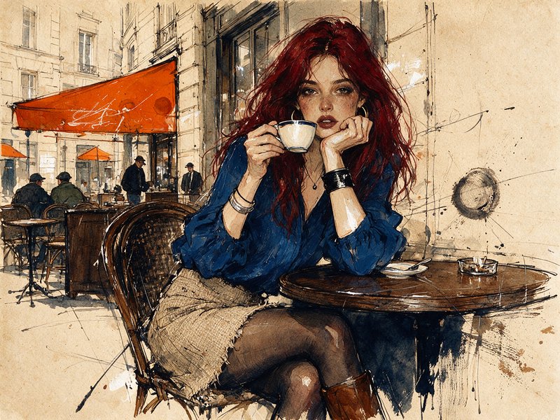 Red-haired woman holding a coffee cup seated at a Parisian sidewalk cafe