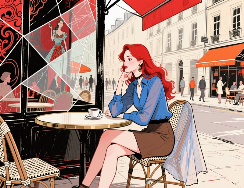 Stylish red-haired woman sits at a Parisian sidewalk cafe with a cup of coffee