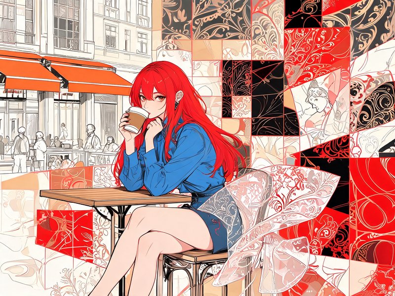 Anime girl with long bright red hair sips takeaway coffee at a Parisian sidewalk cafe