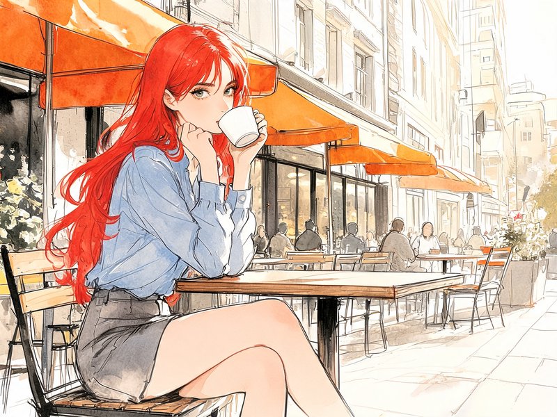 Young red-haired woman sipping coffee at a sunny city sidewalk cafe