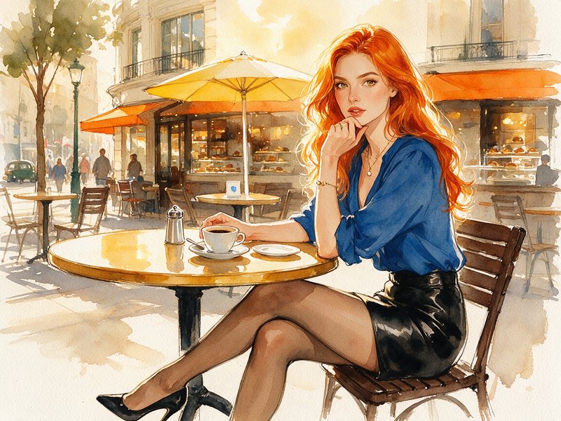 Red haired woman sits at a sunlit Parisian sidewalk cafe table with a cup of black coffee