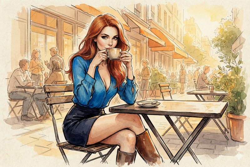 Stylish red-haired woman sipping coffee at a sunlit European sidewalk cafe