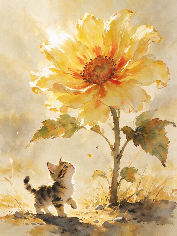 Tiny fluffy tabby kitten gazing up at a giant glowing golden sunflower in sunlit grass