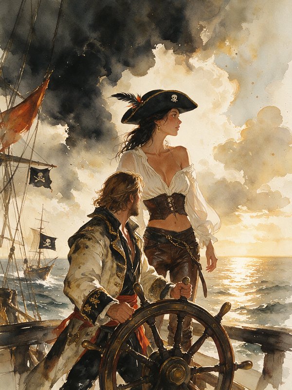 Male pirate at a ship's wheel stands beside a female pirate on a pirate ship deck at golden sunset.