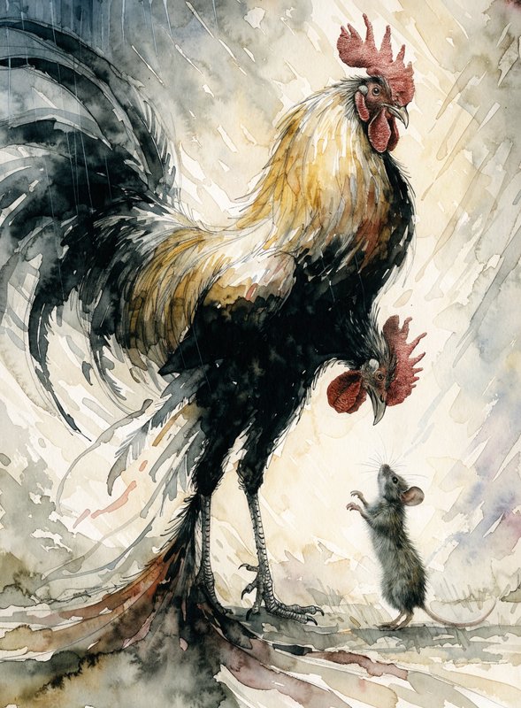Surreal two-headed rooster leans down to face a tiny upright standing mouse in atmospheric watercolor art