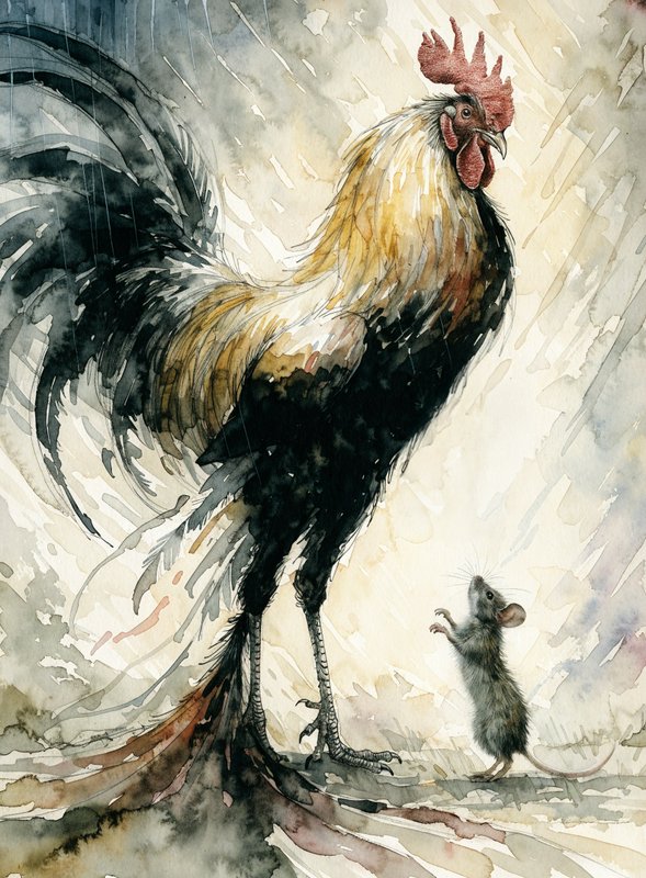 Tall stylized rooster looks down at a small standing gray mouse in a watercolor illustration