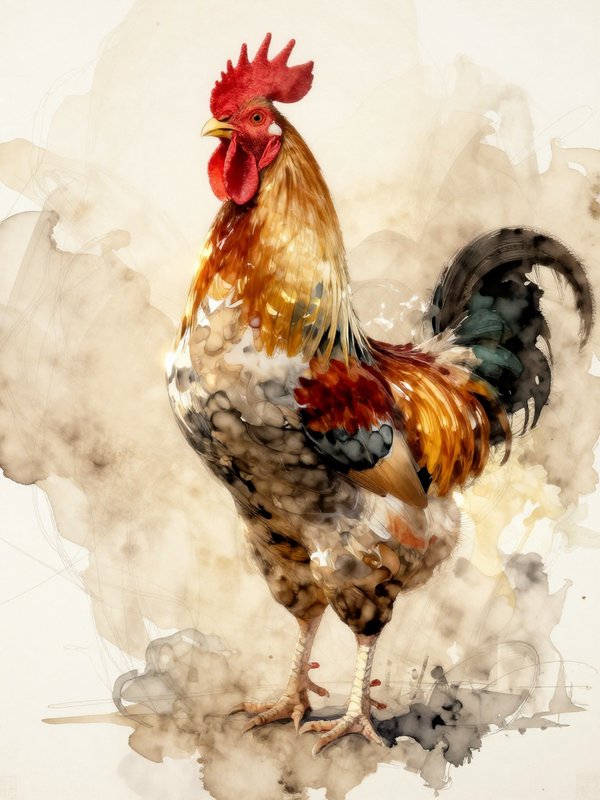 Proud standing rooster with bright red comb rendered in soft watercolor against a muted beige ink wash background