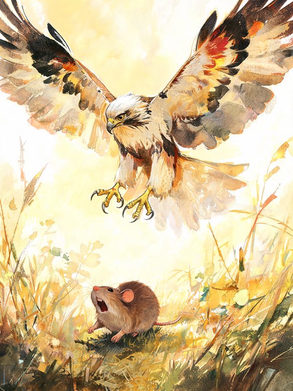 Hawk diving with outstretched talons toward a startled field mouse in sunlit tall grass