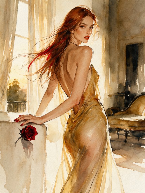 Elegant red-haired woman in a sheer gold gown looks over her shoulder beside a sunlit window with a red rose
