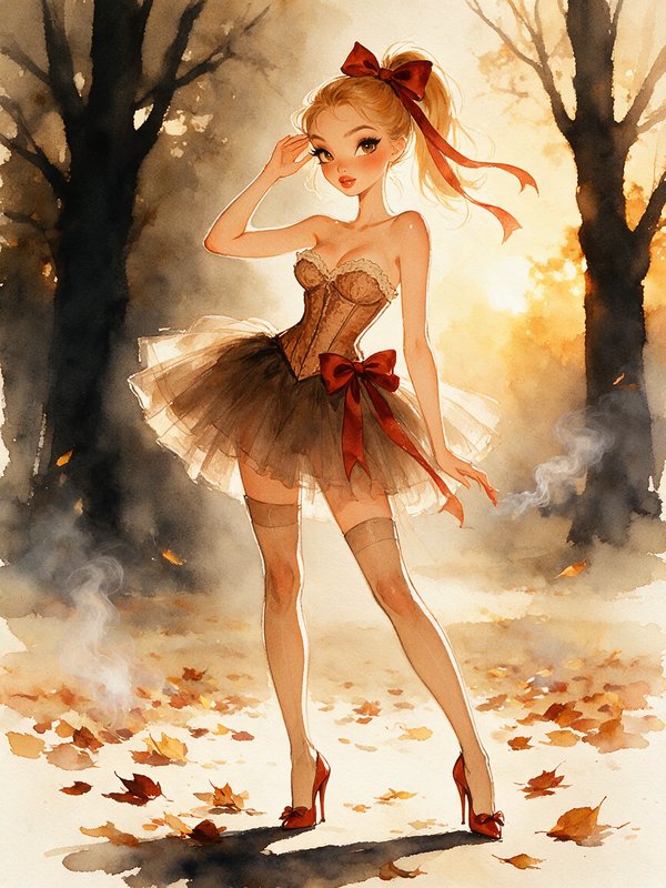 Watercolor illustration of a tutu-clad girl standing in a hazy sunlit autumn forest
