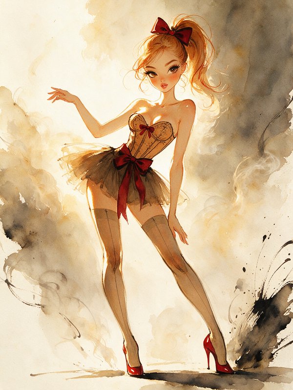 Stylized pinup girl in a corset tutu with red bows and heels poses against a soft watercolor backdrop