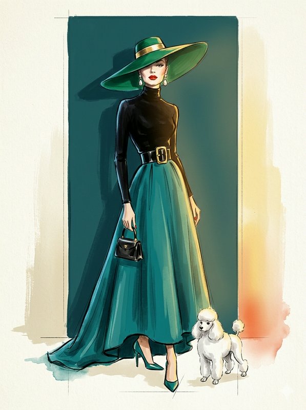 Elegant vintage dressed woman in a wide teal hat standing beside a fluffy white poodle