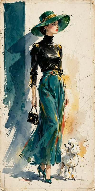 Elegant mid-century fashion illustration of a poised woman in a green wide brim hat standing next to a white poodle
