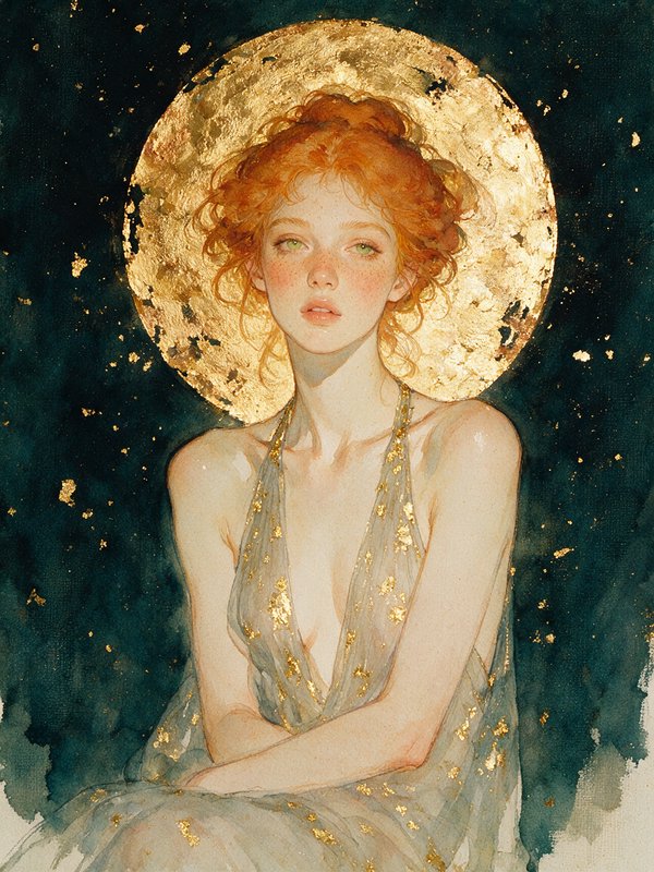 Ethereal red-haired goddess with gilded halo against a dark starry watercolor background