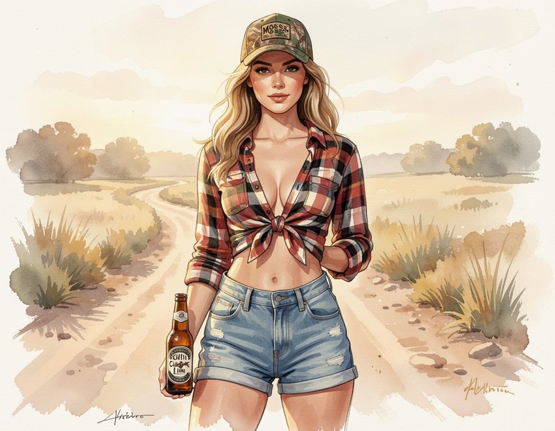 Country woman in a plaid shirt and camo cap holding a beer while standing on a rural dirt road