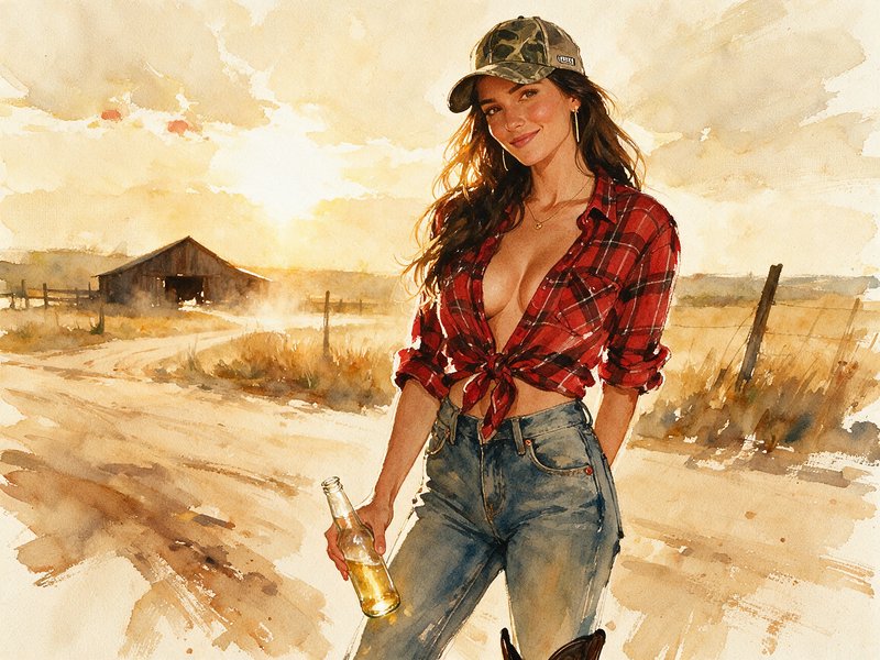 Watercolor portrait of a country woman holding a beer while standing on a rural farm road at sunset