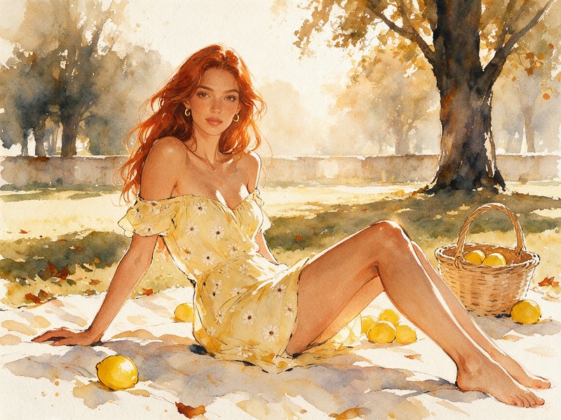 Red-haired woman in a yellow floral dress relaxing on a sunlit picnic blanket with a basket of lemons