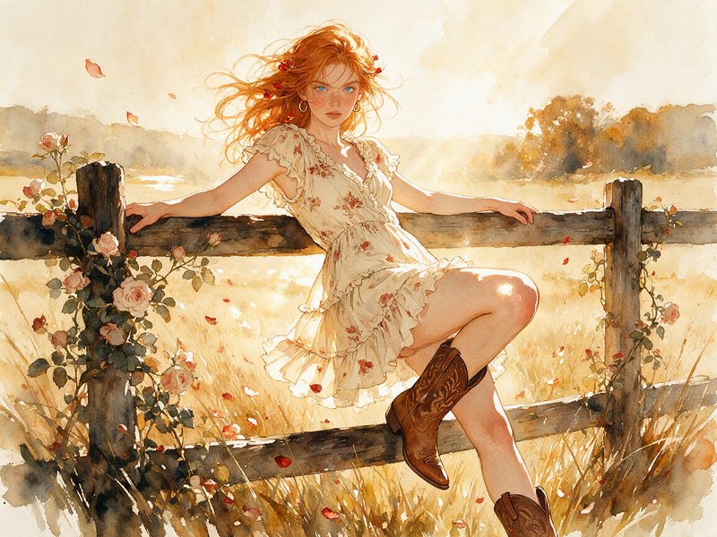 Red-haired young woman leans on a wooden pasture fence in sunlit golden countryside wearing cowboy boots
