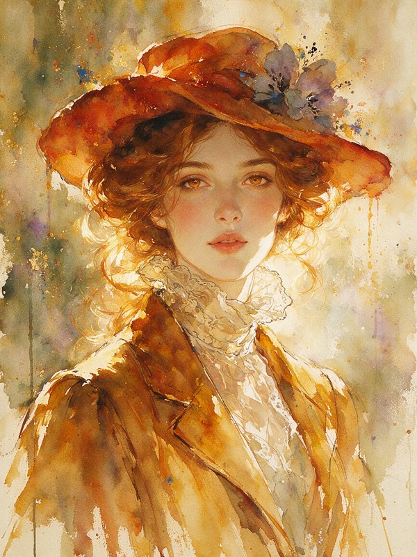 Luminous watercolor portrait of an Edwardian woman in a flowered wide brim hat and lace collar