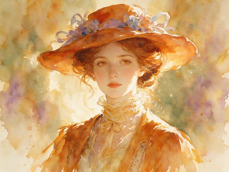 Watercolor portrait of an elegant Edwardian woman wearing a flower decorated wide brim hat in warm golden light