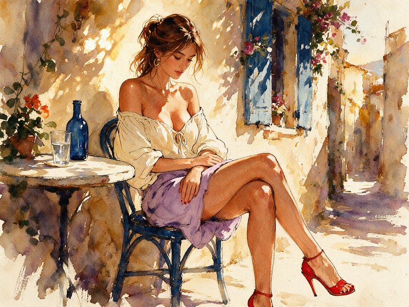 Woman seated at a sunny outdoor cafe table in a dappled Mediterranean village alley