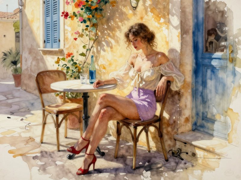 Pensive woman sits alone at a sunlit Mediterranean sidewalk cafe table