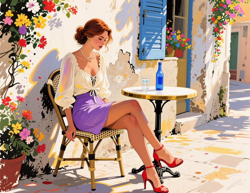 Elegant woman seated alone at a sunlit Mediterranean sidewalk bistro table beside flower covered plaster walls