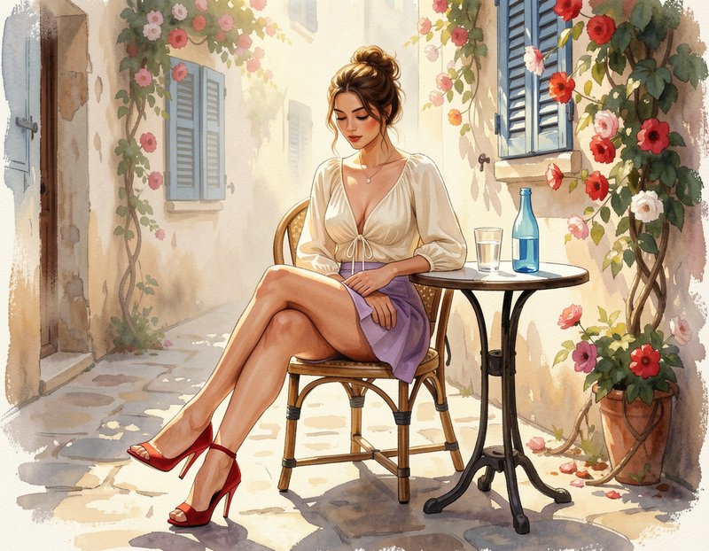 Elegant woman seated at a sidewalk bistro table on a sunlit flower-lined Mediterranean alley
