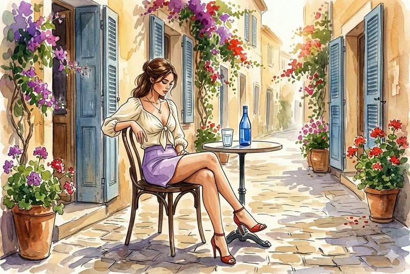 Woman sitting at a small outdoor cafe table on a flower-lined Mediterranean village street