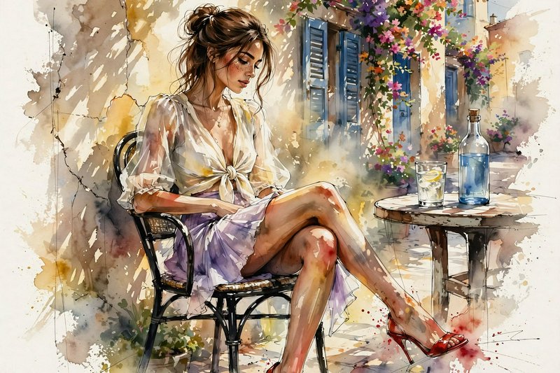 Watercolor illustration of a woman relaxing at a sunlit Mediterranean sidewalk cafe