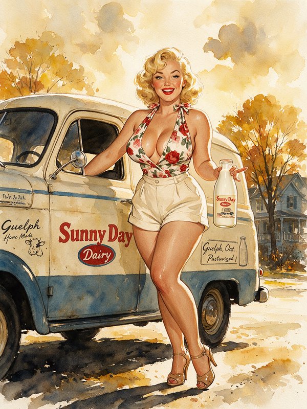 Smiling retro pinup woman holding a glass milk bottle next to a vintage Sunny Day Dairy delivery truck