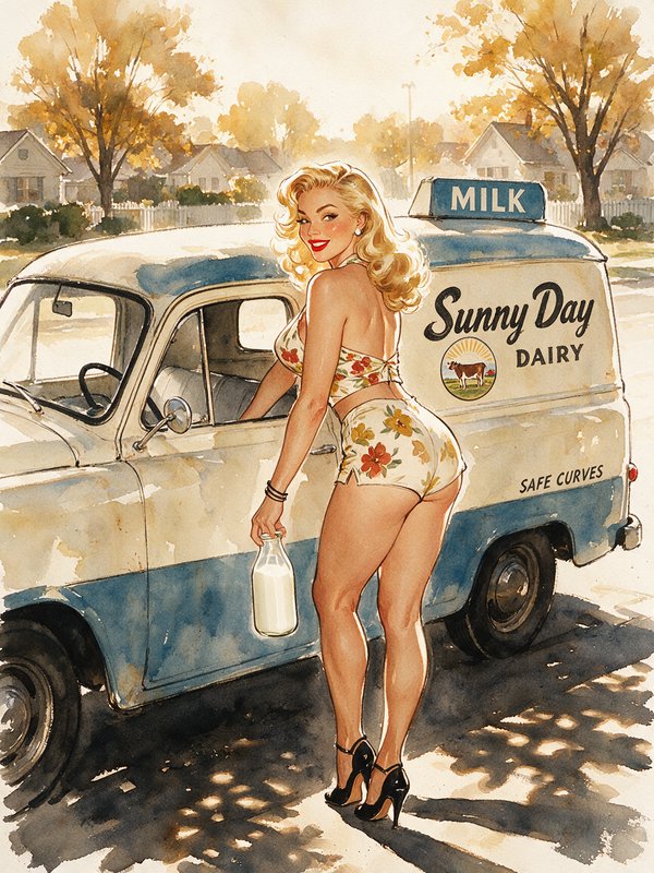 Retro pinup woman holding a glass milk bottle next to a vintage dairy delivery truck on a sunny suburban street
