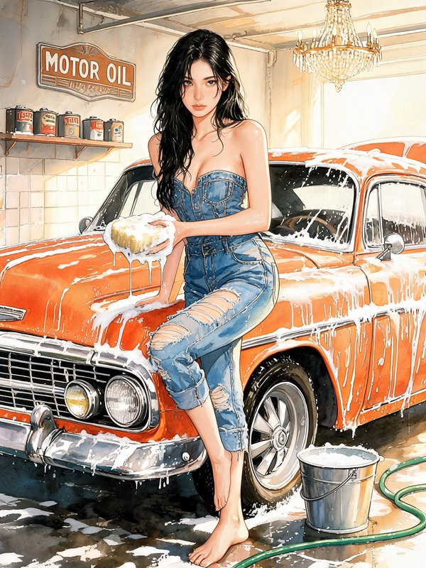 Young woman holding a soapy sponge leans against a sudsy orange vintage car in a sunlit garage