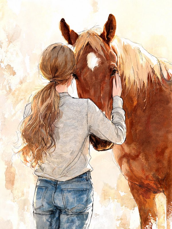 Back view of a woman gently touching the face of a chestnut horse in soft warm watercolor