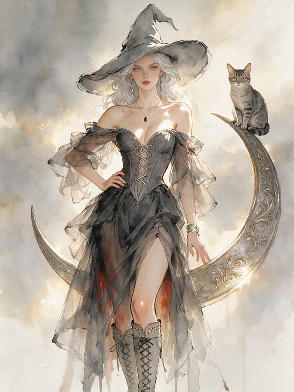 Elegant silver-haired witch standing on an ornate crescent moon with a tabby cat familiar