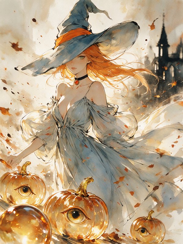 Ethereal red-haired autumn witch stands with surreal glass pumpkins against a misty gothic fall background