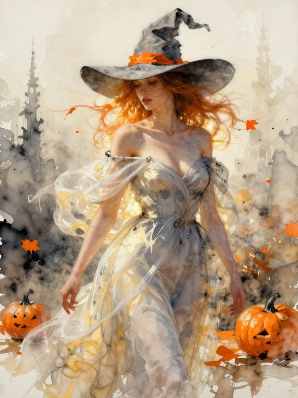 Ethereal watercolor portrait of a red-haired witch standing beside carved Halloween pumpkins