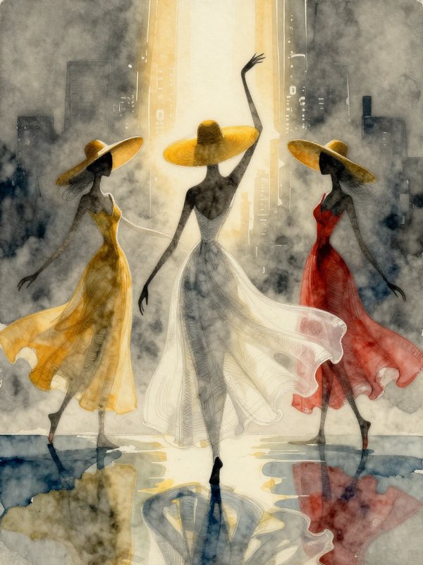 Three elegant women in wide golden hats stand on reflective wet pavement before a misty city skyline