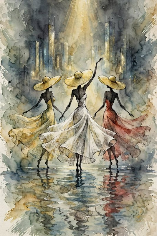 Three graceful women in flowing gowns and wide sun hats stand in reflective water facing a glowing misty city skyline