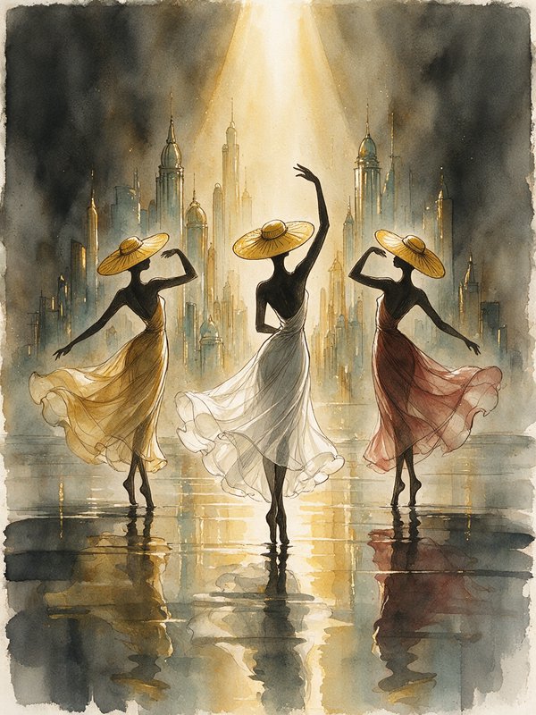 Three silhouetted dancing women in wide golden hats pose before a glowing art deco city skyline