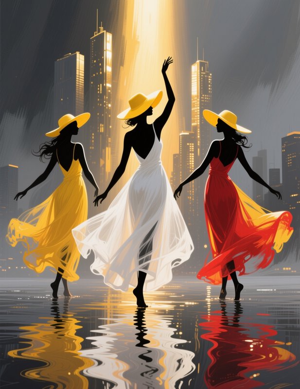 Three silhouetted dancing women in yellow hats stand on reflective water against a glowing city skyline